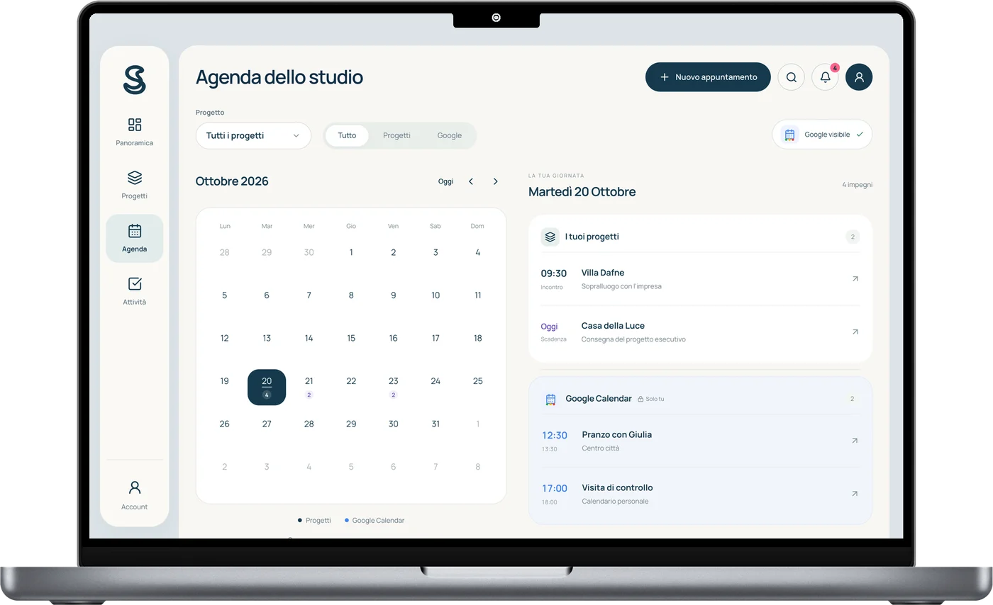 L'agenda di Simple Studio su MacBook: gli impegni dei progetti e, sotto, gli eventi di Google Calendar
